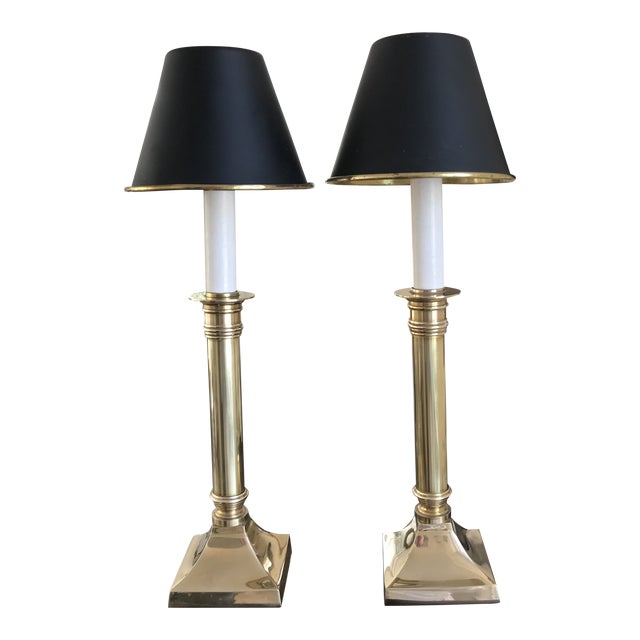 Brass Candlestick Table Lamps With Black Tole Shades A Pair