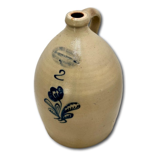 Outstanding Antique 2 Gallon Blue Flower Decorated Stoneware Jug by Burger in Rochester N. Y. Circa 1877 to 1880 For Sale - Image 9 of 18
