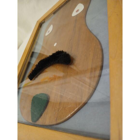 Art Deco Art 3d Wood Guitar Mustache Man Signed Art Wood Frame Hang Whimsical Pop Art For Sale - Image 3 of 6