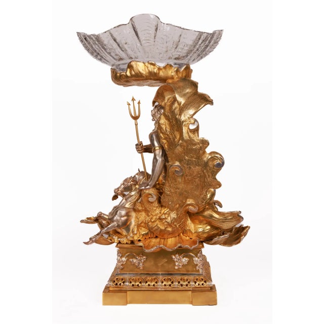 Monumental Silvered and Gilt-Bronze Glass Centerpiece of "Poseidon" For Sale - Image 12 of 16