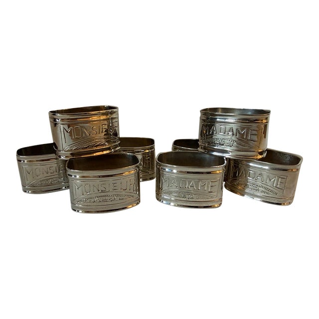 Vintage Silver Plated French Napkin Rings Monsieur & Madame, Set 2 For Sale