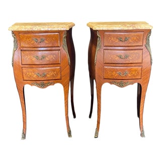 Antique French Inlaid Walnut & Marble Top Nightstands -A Pair For Sale