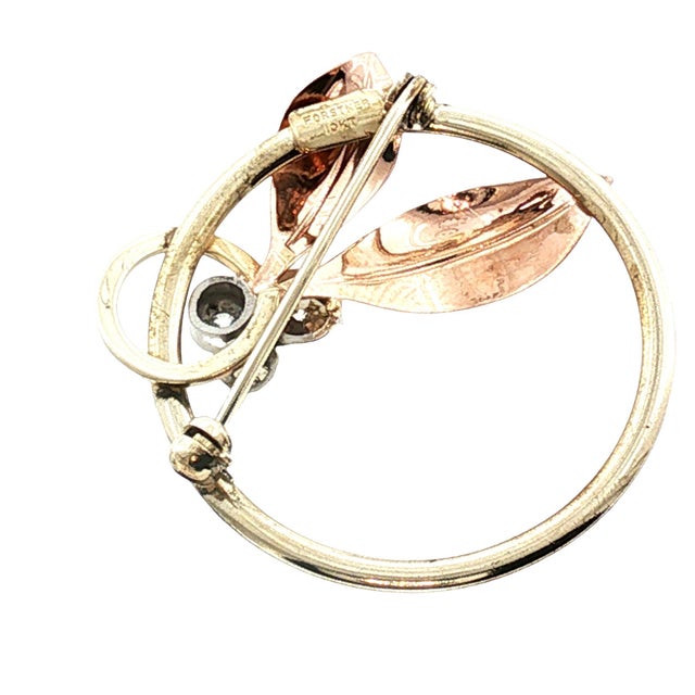 1940s 10 Karat Forstner 3 Diamond Circle and Leaf Brooch For Sale - Image 4 of 5