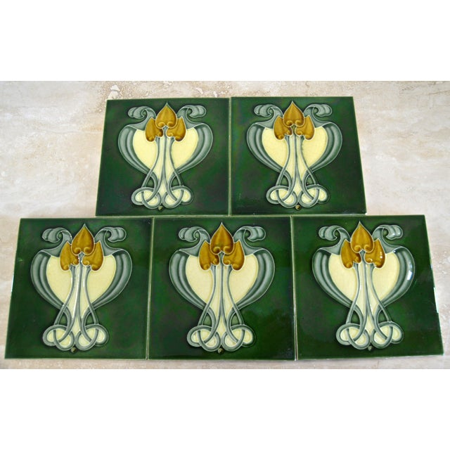 Set of 5 Art Nouveau Ceramic Tiles, 1900s For Sale - Image 4 of 12