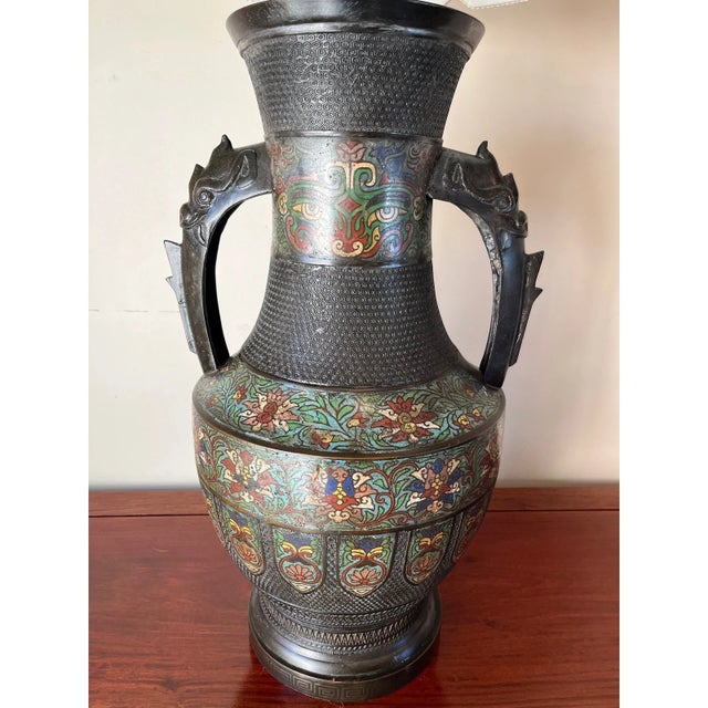 Chinese Early 20th Century Large 42" Chinese Cloisonné & Bronze Taotie Hu Vase Table Lamp For Sale - Image 3 of 6