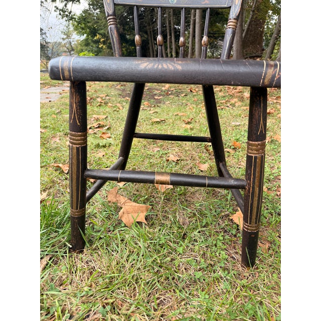 Wood 19th Century Antique Pennsylvania Hand-Painted Folk Art Half-Windsor Plank-Seat Chair For Sale - Image 7 of 11