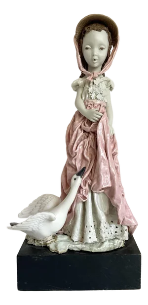 Early 20th C. Porcelain Young Girl With Bonnet and Swan Figurine