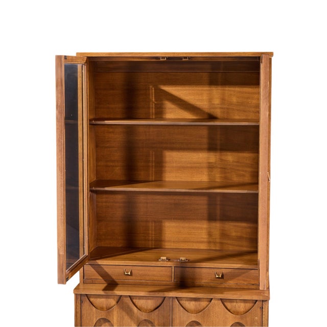 Wood Broyhill Brasilia Mid Century Walnut and Brass Credenza With Hutch For Sale - Image 7 of 13