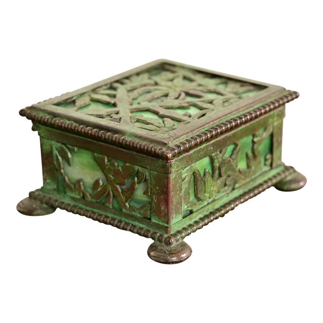 Apollo Studios New York Arts & Crafts Grapevine Pattern Bronze and Slag Glass Stamp Box For Sale