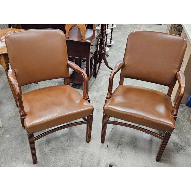 Traditional Pair of Mid 20th Century Gunlocke Georgian Style Mahogany and Vinyl Armchairs For Sale - Image 3 of 9