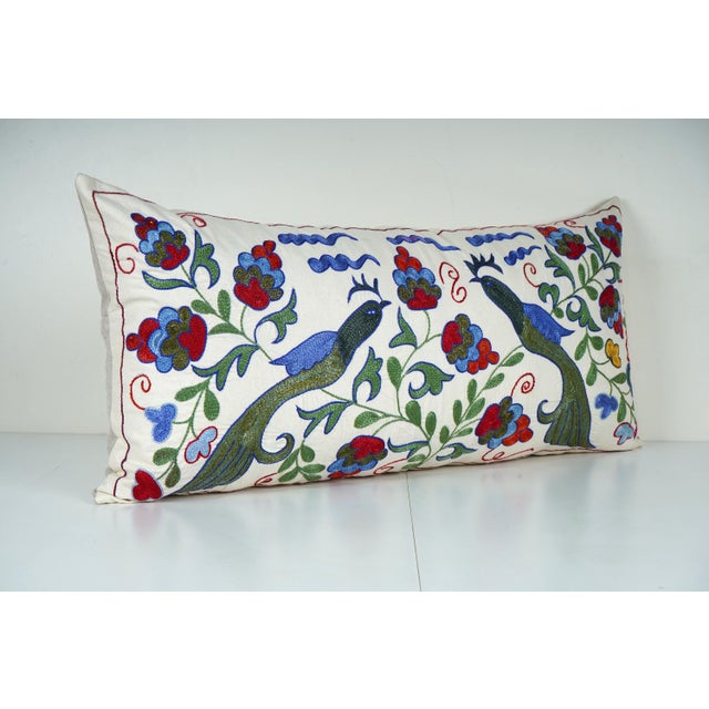 Mid-Century Modern Uzbek Suzani Pillow Cover, Bird Embroidery Decor For Sale - Image 3 of 4