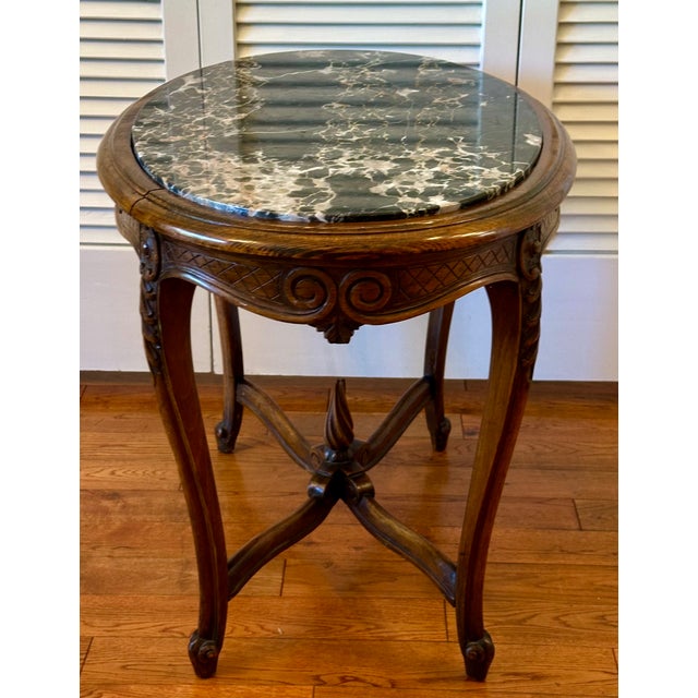 French Antique French Louis XV Marble Side Table ~ Ornately Carved Wood For Sale - Image 3 of 18