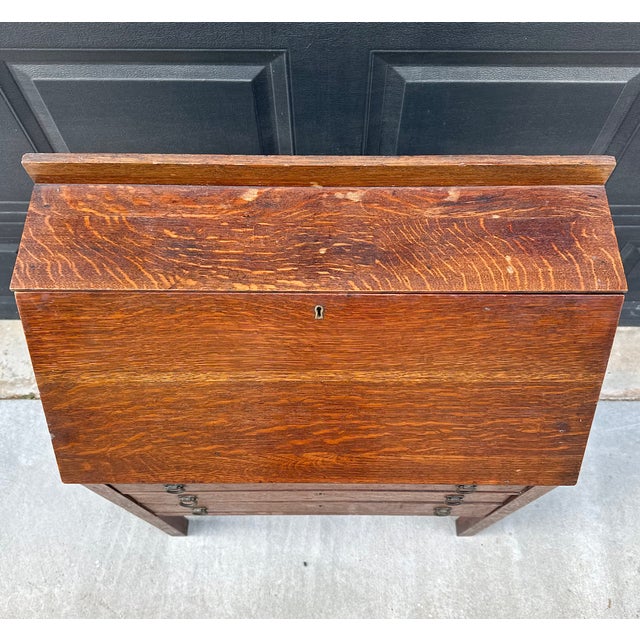 Traditional Antique Early 20th Century Quarter Sawn Oak Drop Front Secretary With Drawers - Solid Wood Accent Chest With Ring Pulls For Sale - Image 3 of 17