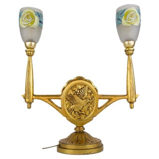 Art Deco Carved Wood and Frosted Enamel Table Lamp, 1930s For Sale