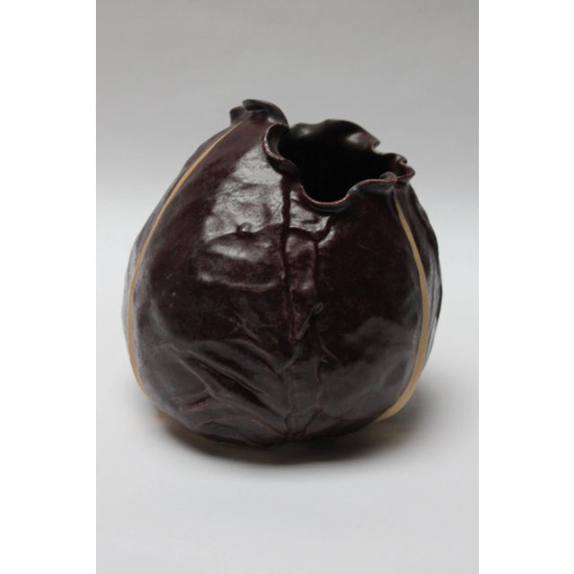 Bulbous-form ceramic vase (ca. 1970s, USA). Attractive colors incorporated -- eggplant / cordovan with a butterscotch...