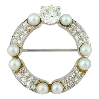 1910s Edwardian Diamond Pearl Platinum Brooch For Sale