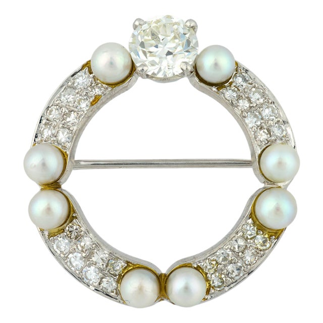 1910s Edwardian Diamond Pearl Platinum Brooch For Sale