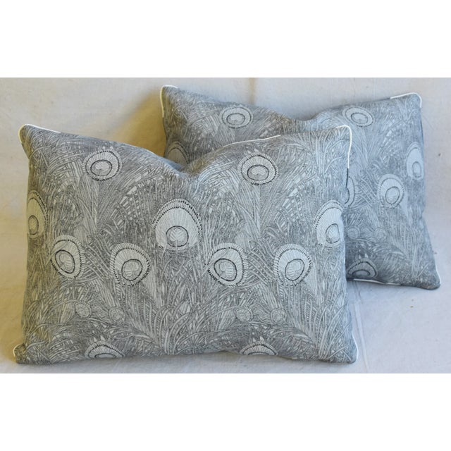 Designer Peacock Feather Linen Feather/Down Pillows 22" X 16" - Pair For Sale - Image 12 of 13