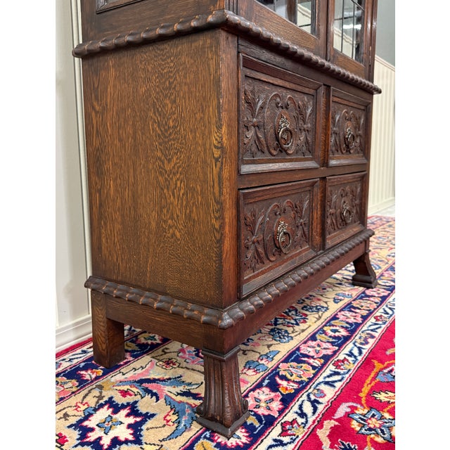 Antique English Jacobean Bookcase Cabinet Double Door Glass Drawers Oak c.1930s For Sale - Image 9 of 18