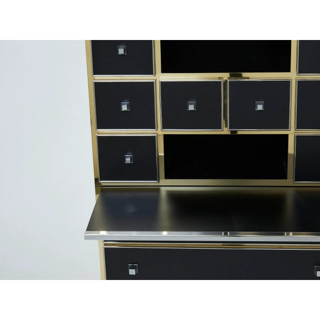 1970s Vintage Michel Pigneres Brass Chrome Black Cabinet Secretaire For Sale - Image 12 of 13