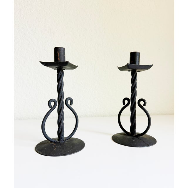 Black 1930s Spanish Revival Wrought Iron Candlesticks, a Pair For Sale - Image 8 of 9