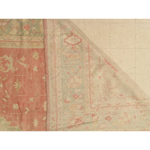 Antique Oushak Carpet, Oriental Rug, Handmade Ivory, Muted Coral, Soft Green For Sale - Image 12 of 18
