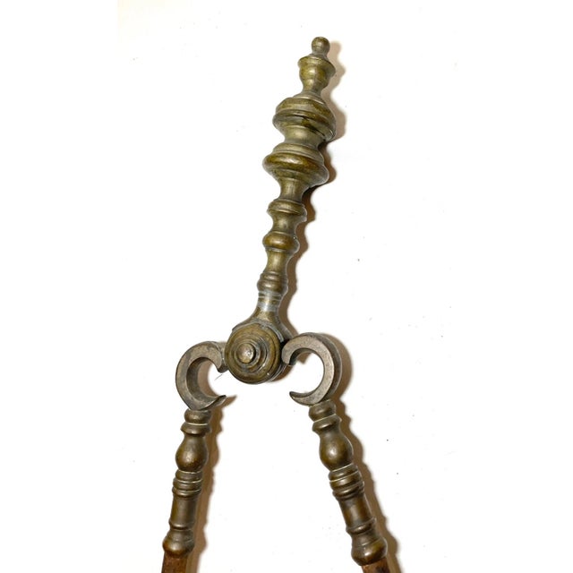 Antique 18th Century Wrought Iron Turned Brass English Fireplace Tongs Tool For Sale - Image 9 of 12