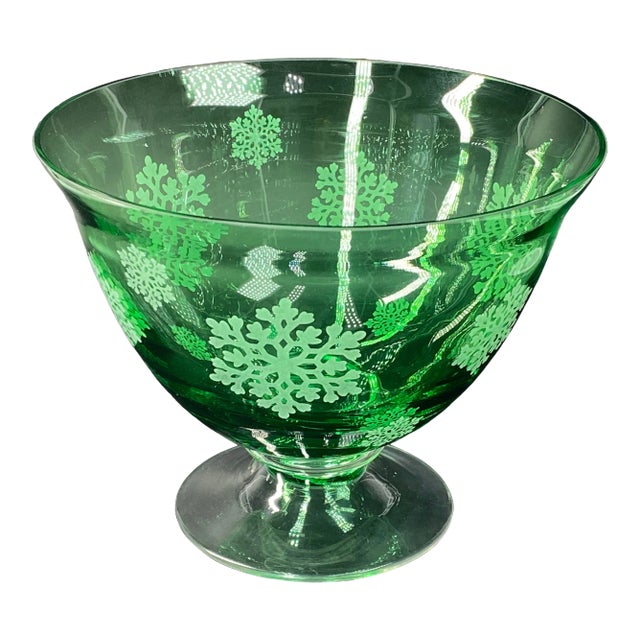 Vintage 60s Green Bowl With Clear Footed Base & Frosted Snowflakes For Sale