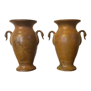 Antique 19th Century French Empire Style Patinated Bronze Urns With Swan Neck Handles - a Pair