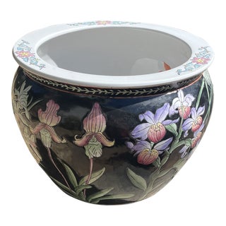 Vintage Chinese Porcelain Black Koi Fish Planter Bowl For Sale