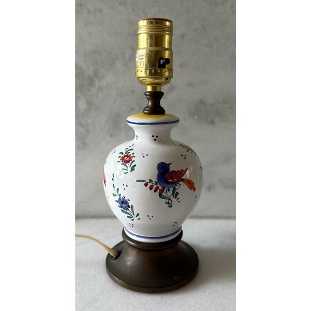 Mid 20th Century Vintage Faience Small Table Lamp With Hand Painted Birds For Sale - Image 5 of 11