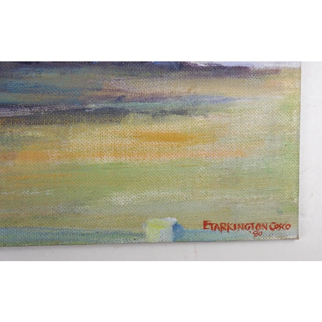 Oil on canvas board impressionist painting of mountain valley ranch. Signed E Tarkington Cosco and dated 1980 lower right...