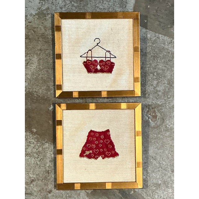 This delightful pair of original vintage needlepoint artworks epitomizes the "Grandmillennial" aesthetic, blending...