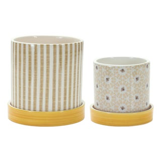 Stone Bumble Bee Striped Planter with Plate (Set of 2) For Sale