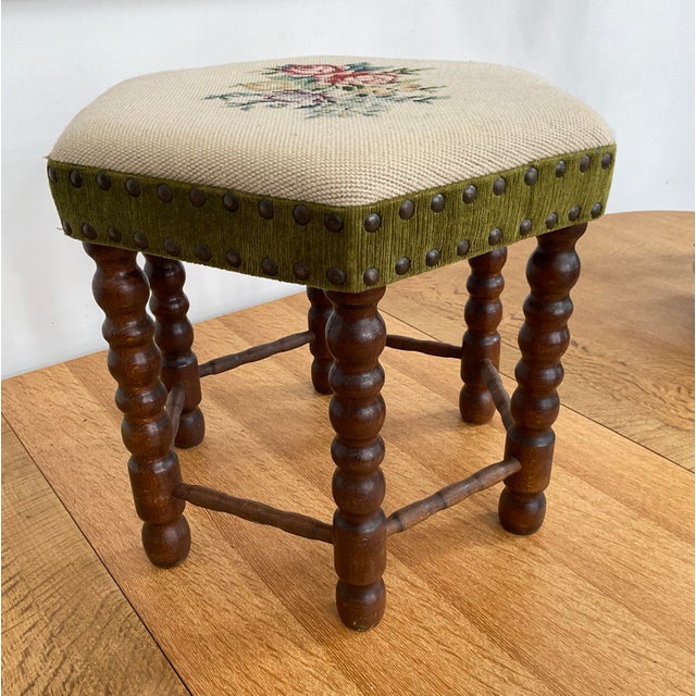 Vintage Mid-Century Footstool With Floral Needlepoint Tapestry For Sale - Image 4 of 8