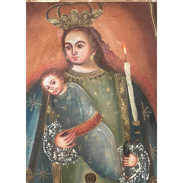 This Spanish Colonial revival painting depict the Virgin of Calendaria holding the Christ Child. Done in the Cuzco style,...