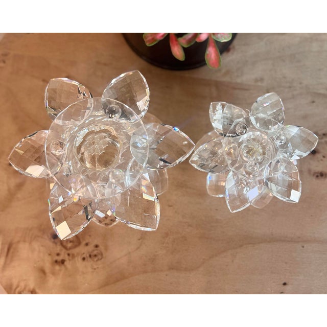 Swarovski Crystal Water Lily Lotus Flower Candle Holders (Set of 2, One Large, One Small) For Sale - Image 11 of 11