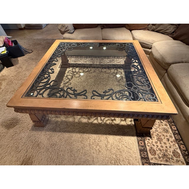 Italian Square Glass Top, Wood and Wrought Iron Coffee Table For Sale - Image 3 of 6