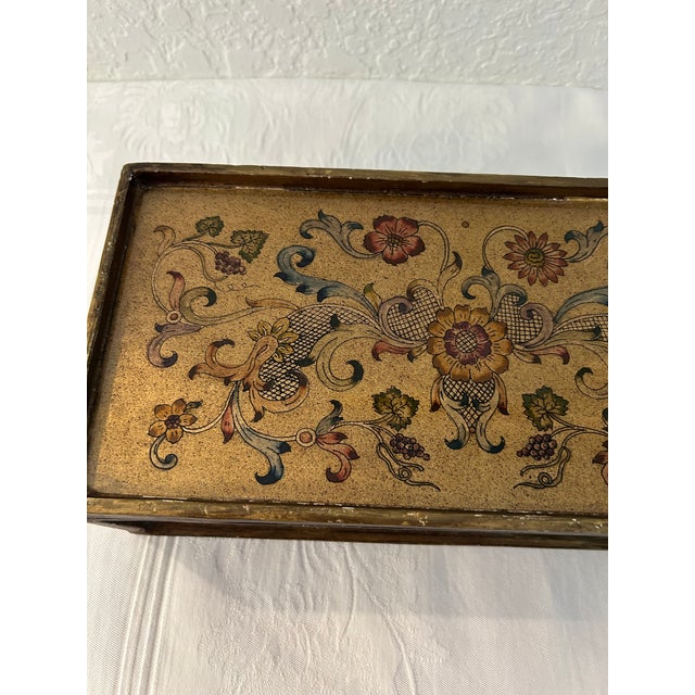 Beautiful vintage Robert M. Weiss Peruvian wood box with reverse painted glass on lid and box surround in an ornate floral...
