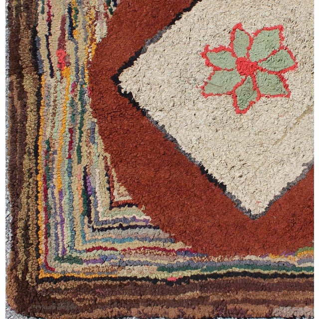 Early 20th Century Very Unique Antique Multicolor American Hooked Rug in Brown For Sale - Image 5 of 5