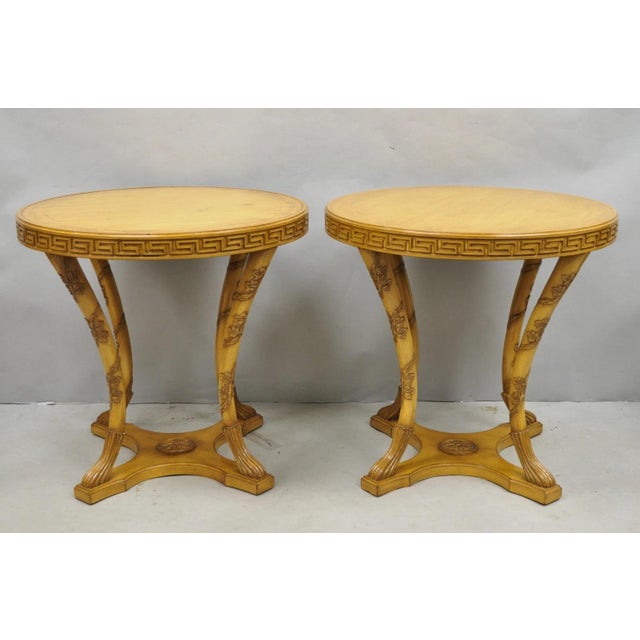 Vintage Italian Regency Round Leather Top Greek Key Carved Side Tables - A Pair For Sale - Image 15 of 15