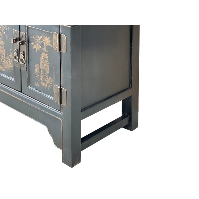 Chinese Black Brown Golden Graphic Low Sideboard Console Table Cabinet For Sale - Image 4 of 12