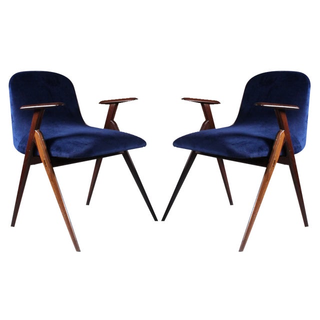 Set of Vintage Blue Velvet Chairs For Sale