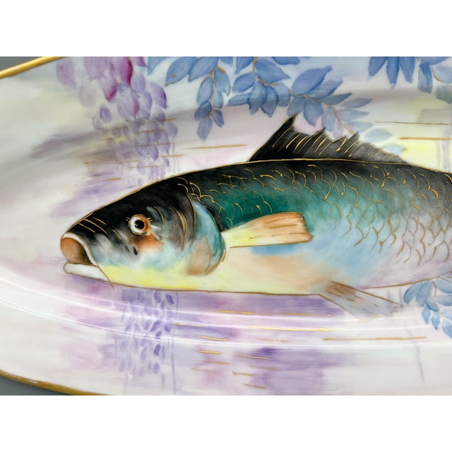 Late 19th Century Antique Continental Hand-Painted Porcelain Fish Platter With Wisteria and Gilt Details – Aesthetic Movement For Sale - Image 5 of 13