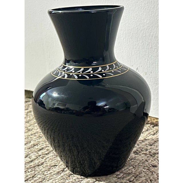 Westmoreland Glass Vintage 1950’s American Westmoreland Mary Gregory Black Amethyst Glass Hand-Painted Woman Playing Harp Motif Baluster Vase For Sale - Image 4 of 8