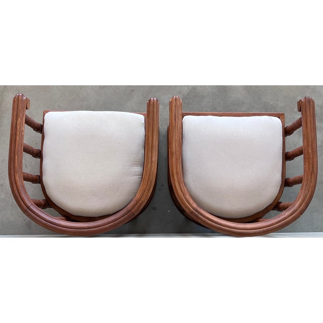 Wood Pair of Spanish Slatted Barrel Back Hand Carved Chairs For Sale - Image 7 of 13