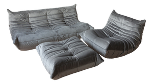 Elephant Grey Velvet Togo Lounge Chair with Pouf and 3-Seat Sofa by Michel Ducaroy for Ligne Roset, Set of 3