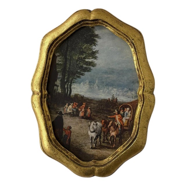 Mid Century Florentine Made in Italy Western Wagon Scene Print in Gilt Frame For Sale