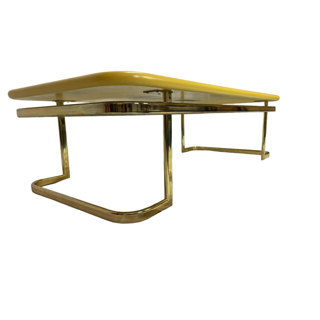 1970s Lane Furniture Lemon Yellow Lacquered Wood Coffee Table With Brass-Tone Metal Base For Sale - Image 12 of 13