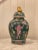Green Chinoiserie Flat Oval Ginger Jar - with Gold Foo Dog On Lid. Asian Men Dancing Chinese Hand Painted Lidded Jar....